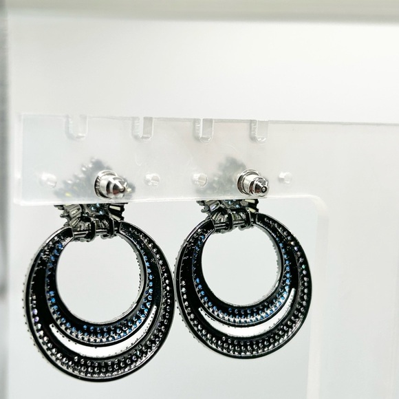 Statement Gunmetal & Blue Rhinestone Hoop Earrings with Floral Top - Picture 5 of 8